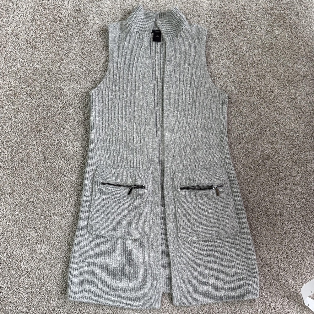 Ann Taylor Factory Sweater Womens XS Gray Sleeveless Long Vest Pockets Mock Neck